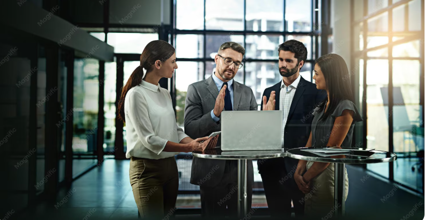 Geschäftsreisende besprechen Reisepläne in einem modernen Büro